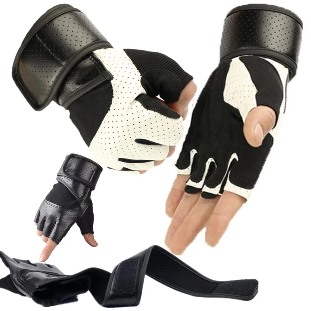

Long Wrist Wrap Strap Men PU Breathable Half Finger Sports Exercise Training Fitness Weight Lifting CrossFit Gym workout Gloves