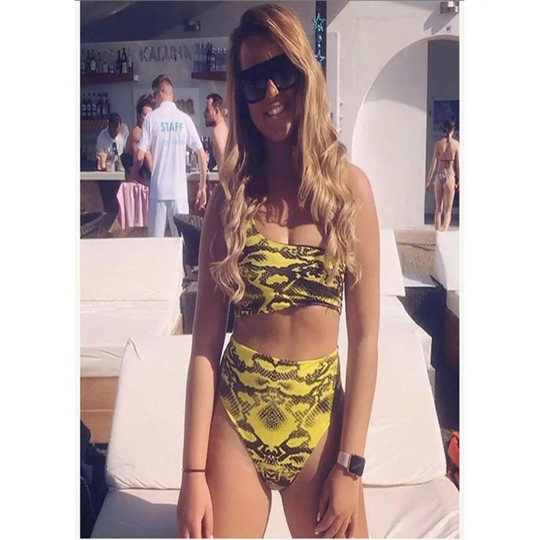 

2PCS Women Fashion Print One Shoulder Crop Top Sexy Bikini Set Sleeveless High Waist Swimwear Suit shoulder