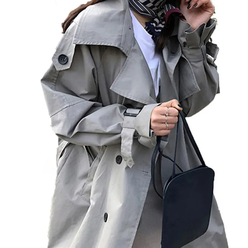 

Abrigos Spring Autumn 2019 Korean Fashion Double Breasted Mid-long Trench Coat Mujer Loose Belt large size Windbreak Outwear 846