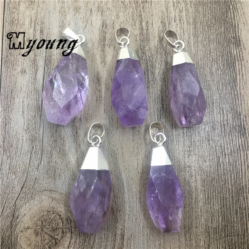

Faceted Amethysts Nugget Charms,Purple Crystal Quartz Pendants with Silver Bail For DIY Jewelry MY1936