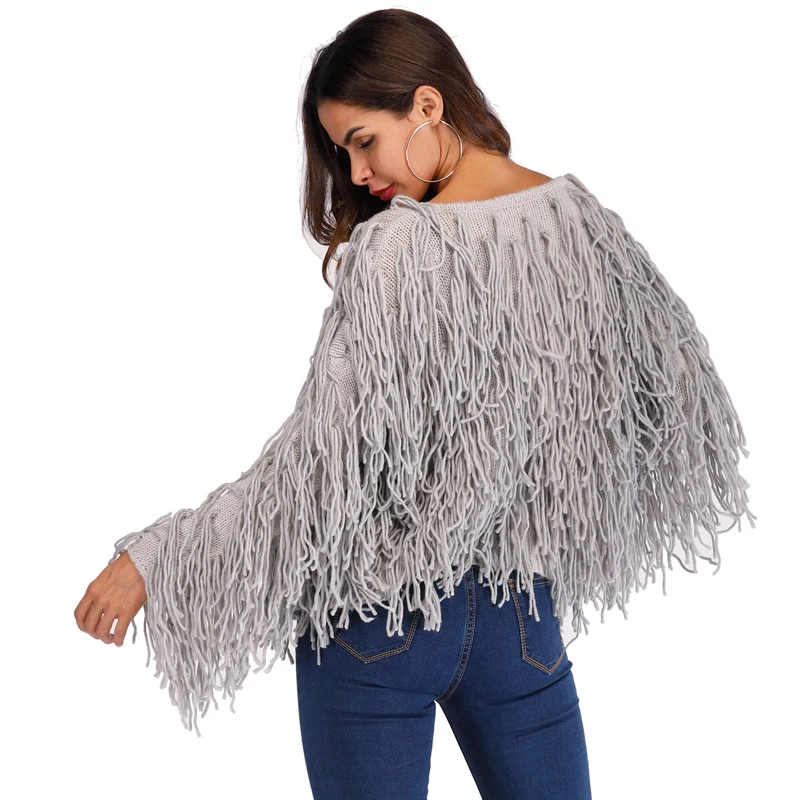 PGSD Simple fashion pure color Autumn winter sweater Handmade tassel Deep V cardigan Short woolen knitted Long sleeves sweater PGSD Simple fashion pure color Autumn winter sweater Handmade tassel Deep V cardigan Short woolen knitted Long sleeves sweater