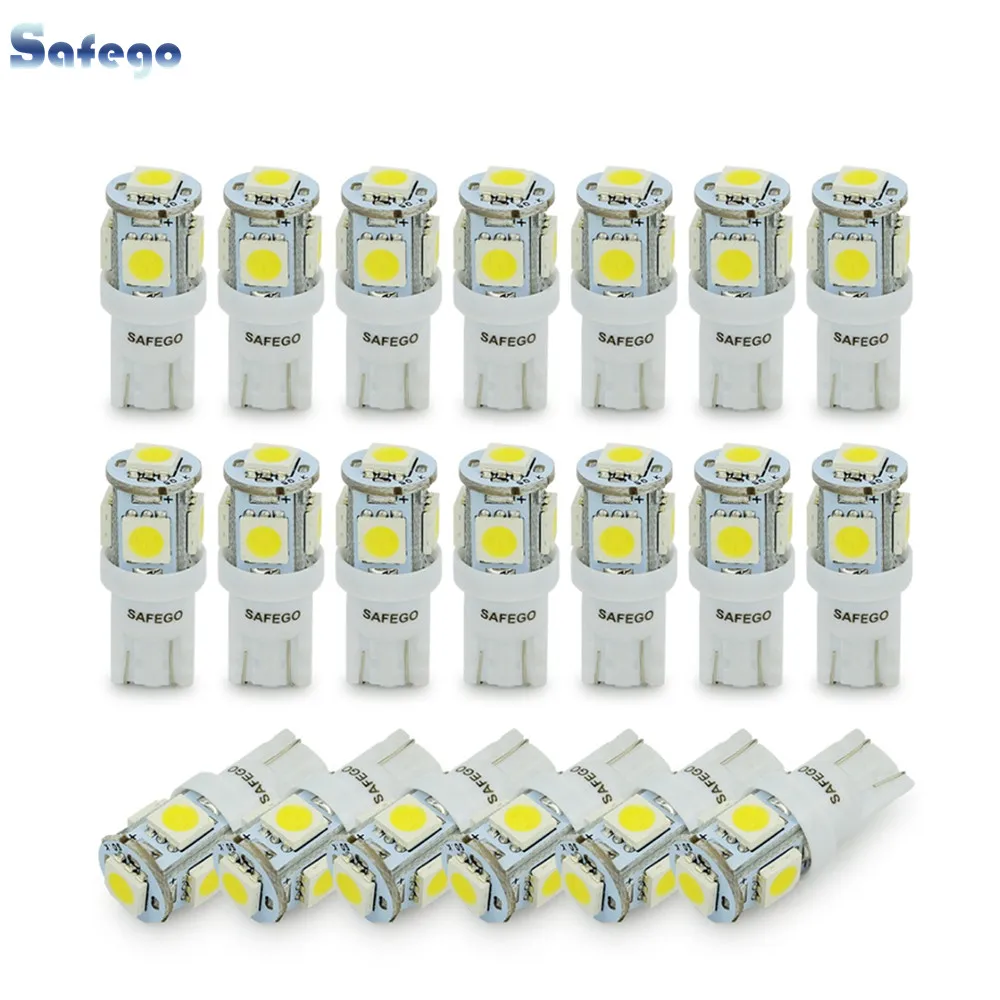 Safego 20x T10 194 168 W5W Клин светодиодный автомобильный светильник t10 5050 5SMD автомобиля клиновидные боковые хвост зазор сигнала лампа белый 12V