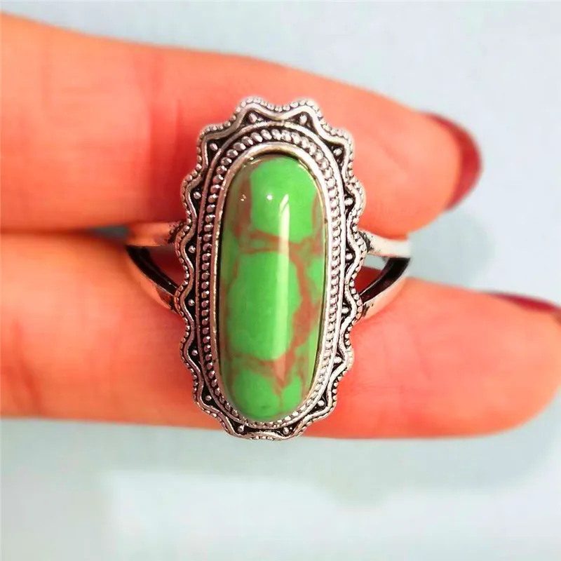 JUNXIN Boho Green Stone Big Rectangle Rings For Women Men Antique Silver Metal Female Male Cocktail Ring Vintage Indian Jewelry