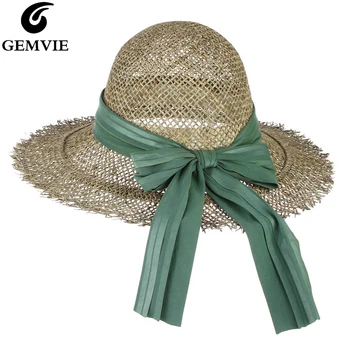 

GEMVIE Ribbon Bowknot Band Summer Hat For Women Hollow Seagrass Straw Hat Cloche Sun Hat Wide Brim Beach Cap Bucket Hat Derby
