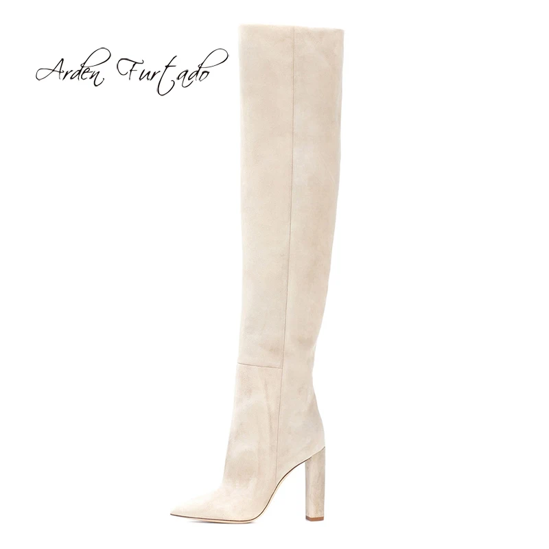 

Arden Furtado 2019 autumn winter chunky heels pleated boots ladies slip on pointed toe over the knee high boots big size 44 45