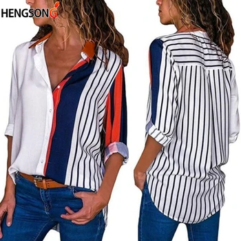 

Women Blouses 2019 Color Block Striped Shirt Elegant Office Lady Blouse Casual Long Sleeve Button Shirt Tops Chemise Femme