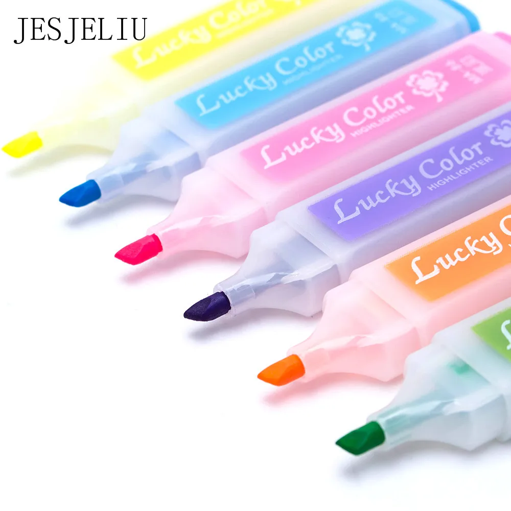 

6 Pcs / Pack Cute Kawaii Fluorescent Highlighter Pen Water Color Marker Pen For Paint Draw School Supplies Stationery