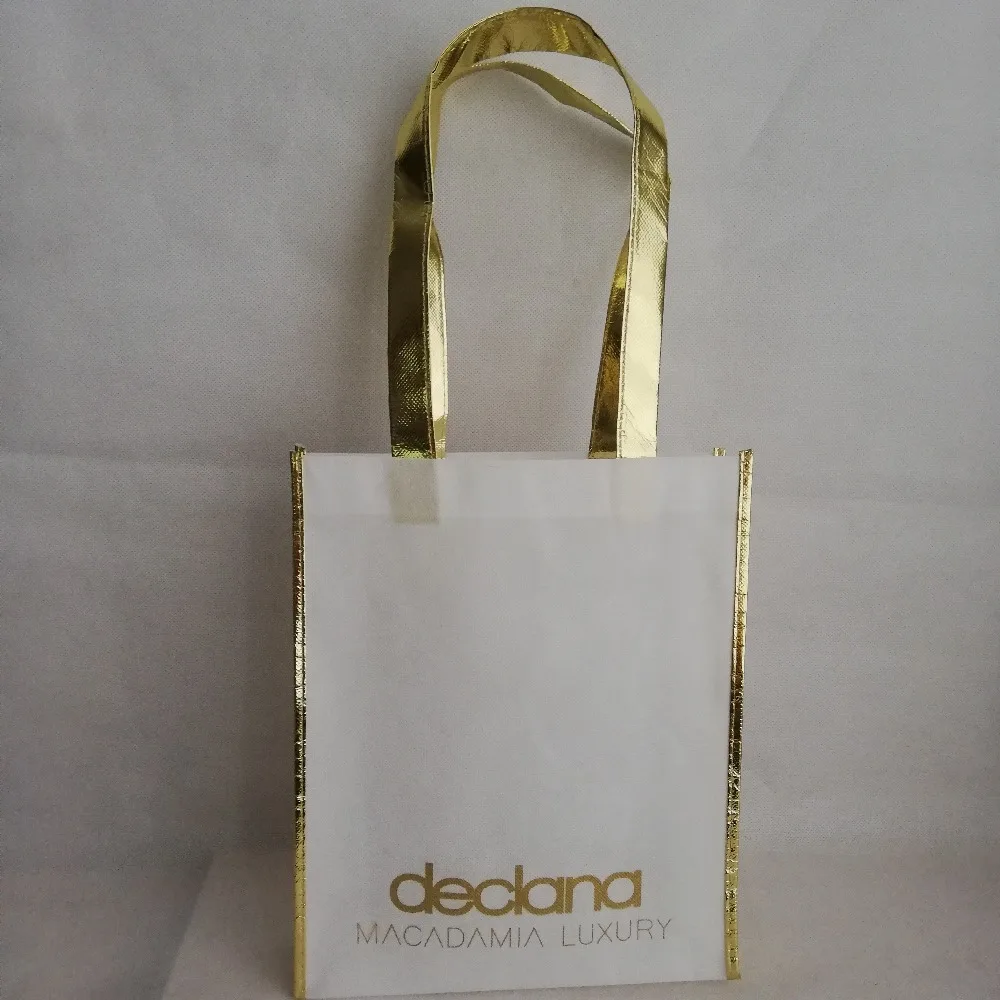 

500pcs/lot 30Hx25x8cm Custom Logo Bag Metallic Lamination Shiny Gold Sides Handle Non-woven Shopping Tote Gift Reusable Bags