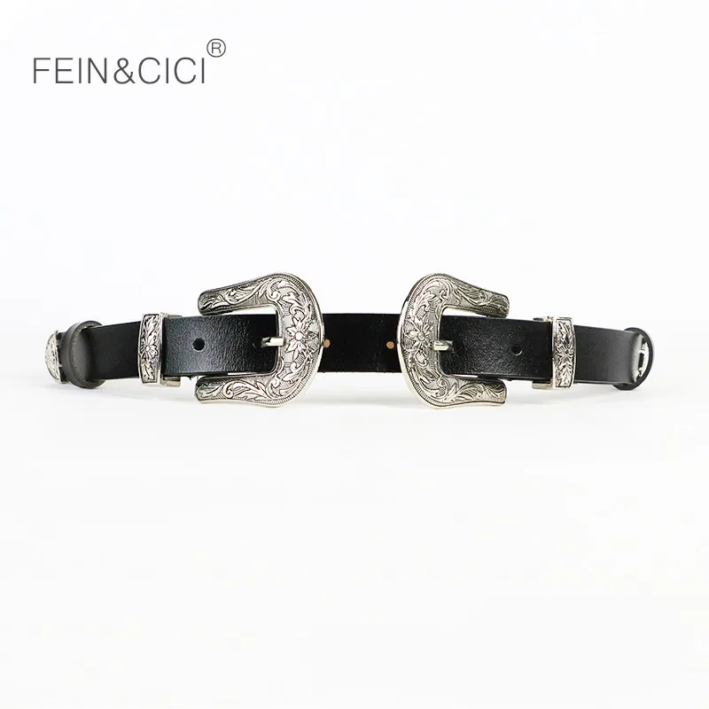 

double Metal Buckle belt women Western Cowgirl Waist Belt black white leather Waistband high quality 2018 wholesale drop ship