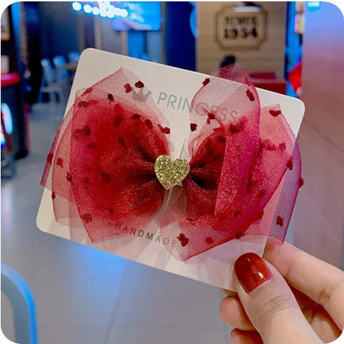 Бутик ins 20pcs Мода милый блеск сердце лук шпильки Твердые точка марли бантом заколки для волос Принцесса аксессуары для волос - Цвет: 1