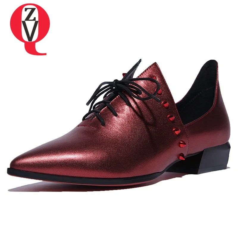 

ZVQ Bullock genuine leather woman shoes large size 34-42 sexy pointed rivets 3cm low heel comfortable spring work pumps shoes