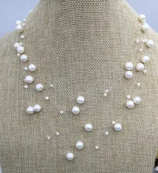 

Natural Pearl Jewelry White Illusion Multiple Strand Genuine Freshwater Pearl Necklace Mothers Day Gift Fashion Jewelry ,Love
