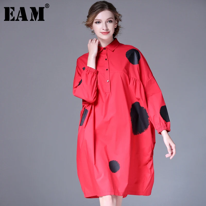  [EAM] 2020 New Spring Lapel Long Sleeve Red Dot Printed Back Elastic Fold Stitching Big Size Shirt 