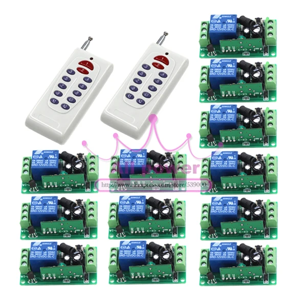 

Wireless 1CH Gate Garage Door Remote Control Switch DC 12V RF 2pcs 12-Buttons Transmitter and 12pcs 1CH Receivers High Quality