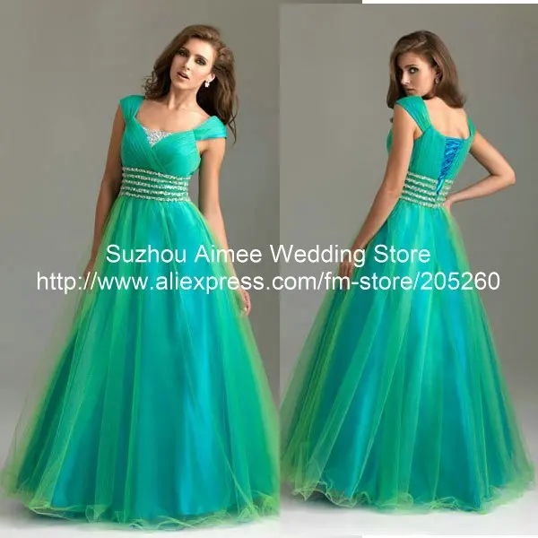 Designer Cap Sleeve Green Beaded Empire Green Elegant Evening Dresses