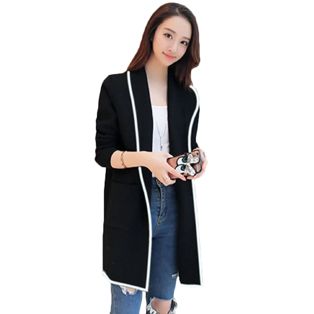 Женское длинное пальто размера плюс с длинным рукавом, повседневный весенний кардиган OL с карманами, однотонный джемпер черного и серого цвета, женская повседневная куртка