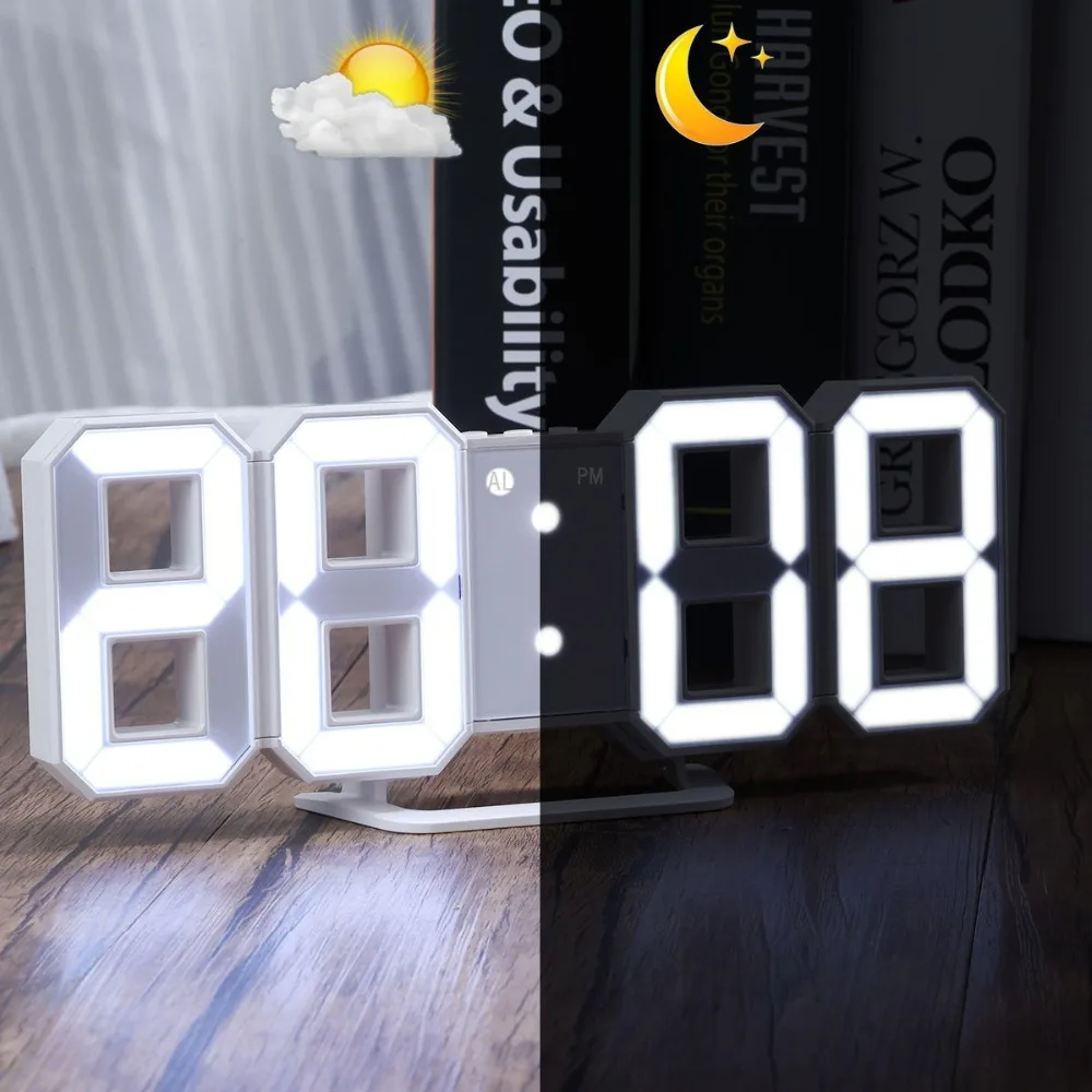 3D LED Digital Wall Clock Modern Snooze 12/24 Hour Display Table Alarm Clock 