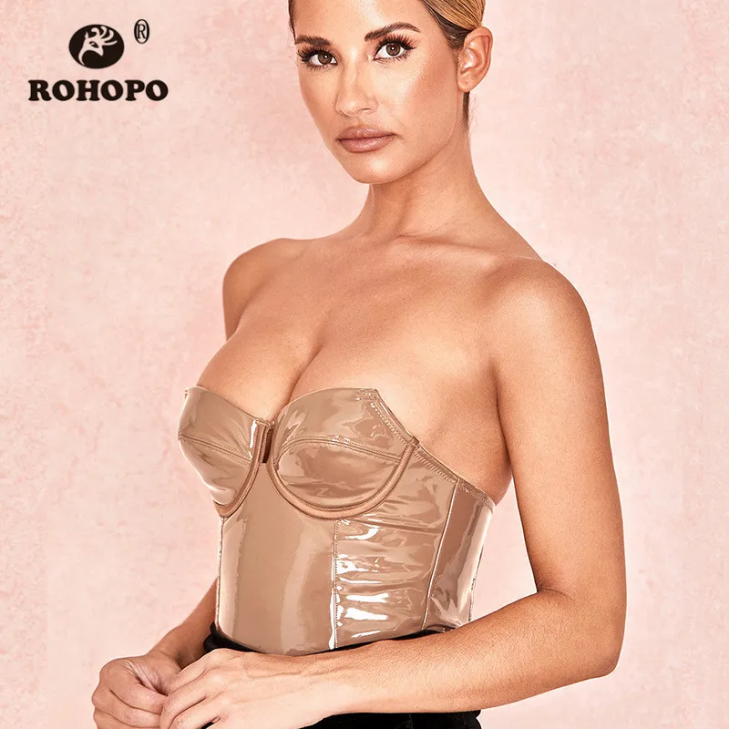 

ROHOPO PU Leather Bodysuit Women Sleeveless Sheathe High Waist Sexy Women Bodysuit Red Khaki Strapless Back Zipper Fly Bodysuits