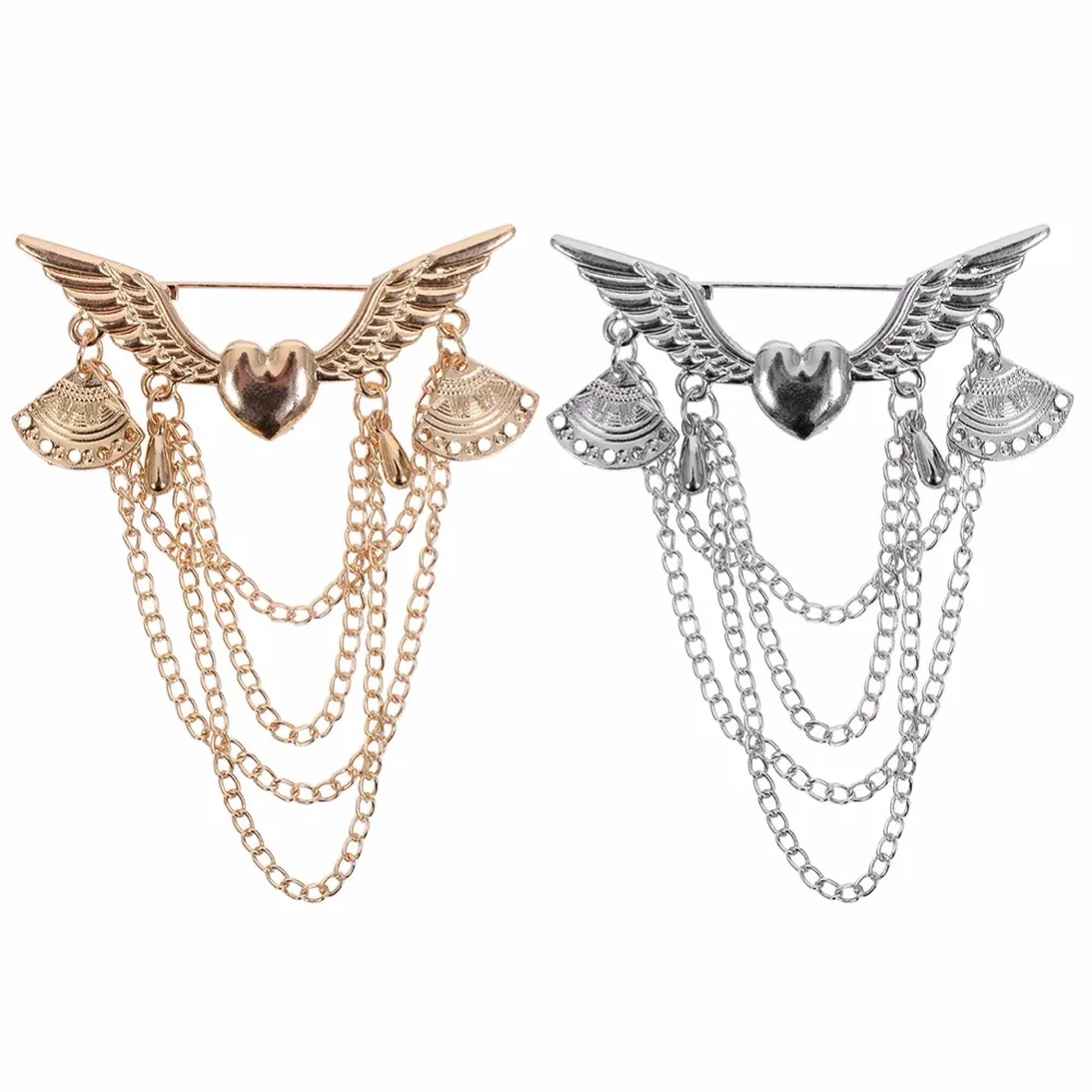 

Shirt Sweater Brooch Silver Gold Color Angel Wings Heart Shaped Lapel Pins Women Men Multi Chains Accessories
