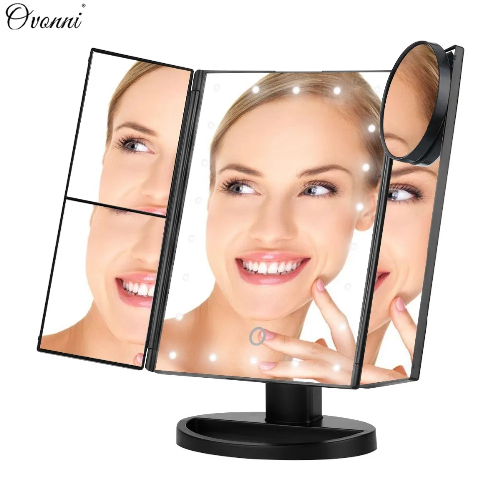 

Ovonni Vanity Makeup Mirror 22 LED Lighted Touch Screen 1X/2X/3X/10X Magnification Foldable Adjustable Maquiagem LED Mirror