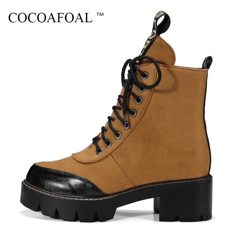 

COCOAFOAL Woman High Heeled Ankle Boots Black Yellow Winter Chelsea Boots Plus Size 41 43 Fashion Sexy Lace Up Martin Boots 2018