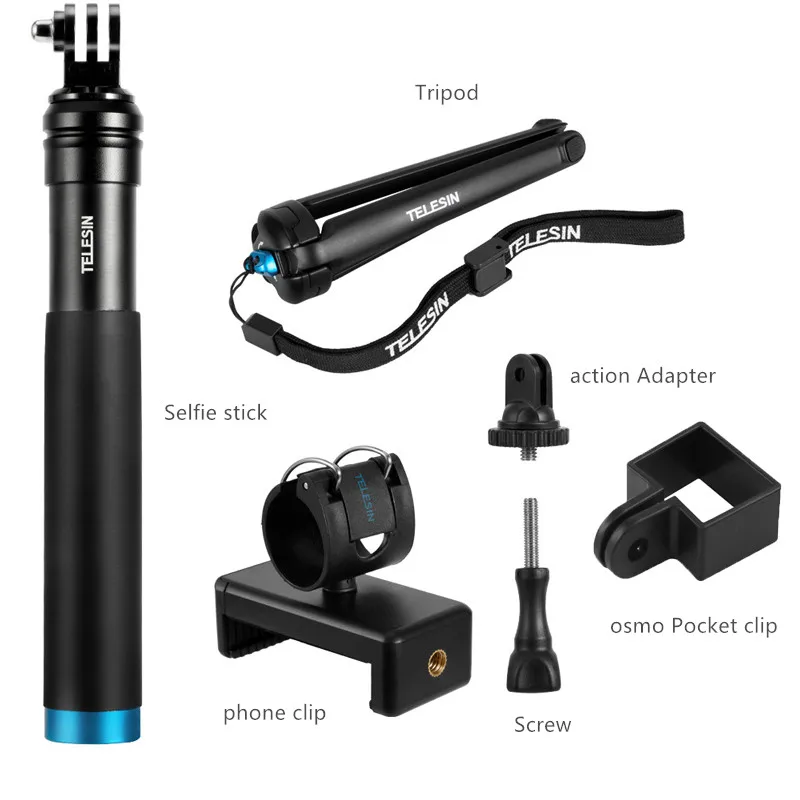 Алюминиевый держатель ручной селфи палка стержень+ штатив с зажимом для мобильного телефона для DJI osmo Карманный карданный и OSMO Экшн-камера - Цвет: Черный