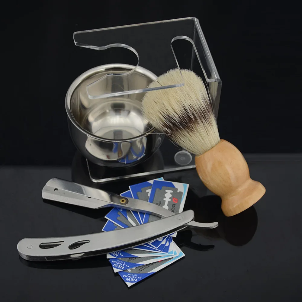 ZY Men Straight Shaving Razor Set+ Badger Bristle Shaving Brush +Stand