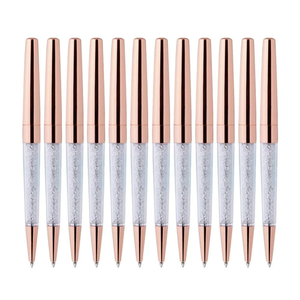 

100Pcs/Lot Rose Gold Pen Bling Diamond Pens Fine Black Ink Crystal Ballpoint Pen Ring Wedding Office Metal Roller Ball Pen Gift