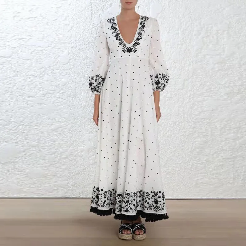 

[YaLee] New Fashion 2019 Summer Wave Point Printed Embroidery High Waist Big V-neck Lantern Sleeve Tassel Loose Dress Women A582