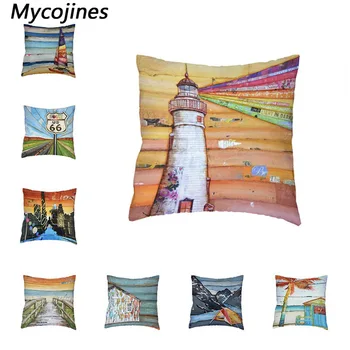 

Oil Painting Seascape Polyester Peach Skin Cushion Cover Lighthouse Sailing Coastal Home Living Room Couch Decorative Pillowcase