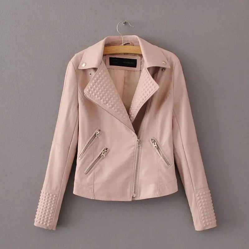 Весенняя Новая женская куртка из ПУ карамельного цвета, кожаная мотоциклетная куртка, куртка - Цвет: Розовый