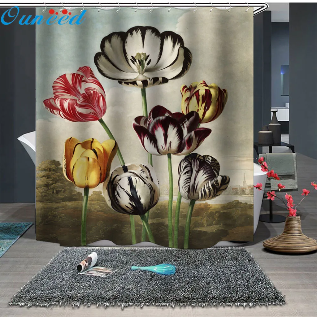 

Ouneed Shower Curtain Colorful flowers &plants printing Bath/Toilet Curtain with 12 hooks White Swan Bathroom Shower Curtain new