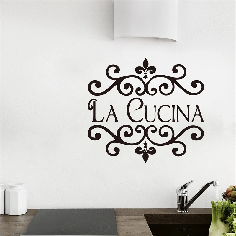 La Cucina Kitchen Wall Sticker Italian Home Kitchen Quote Wall Decor Flower Kitchen Cut Vinyl Waterproof Decor Wall Art Mural