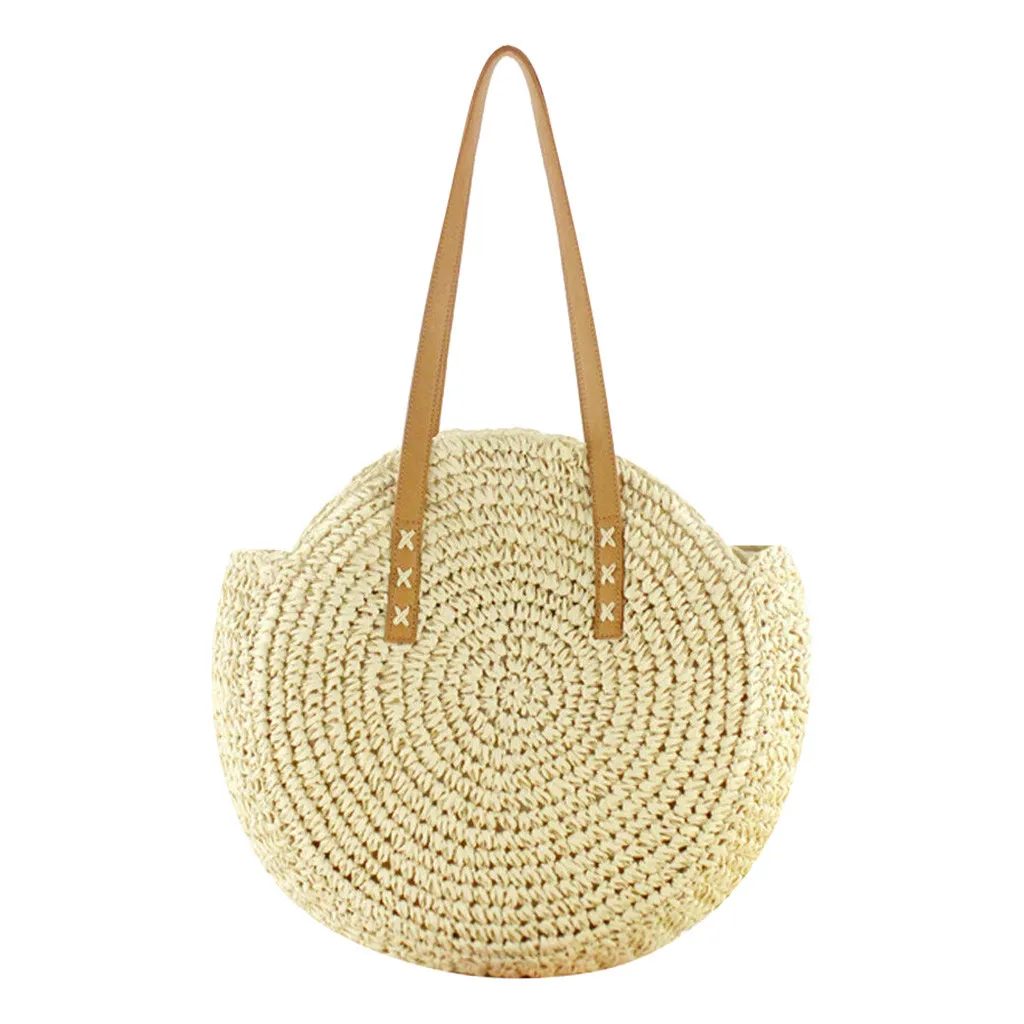

Round Straw Beach Bag Vintage Handmade Woven Shoulder Bag Raffia circle Rattan bags Bohemian Summer Vacation Casual Bags J24