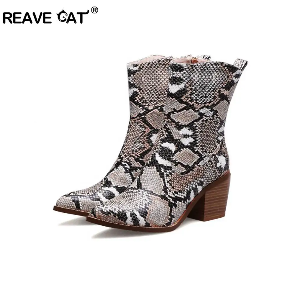 

REAVE CAT 2020 Cowboy boots Ankle Snake print Pointed toe Square heel New Brand women boots wedges shoes Zipper Big size 44