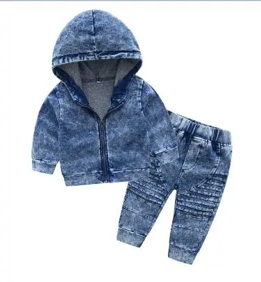 Коллекция года, комплект детской одежды, костюмы для маленьких мальчиков и девочек джинсовый пиджак с длинными рукавами и Кепка+ штаны Одежда для детей из 2 предметов - Цвет: Синий