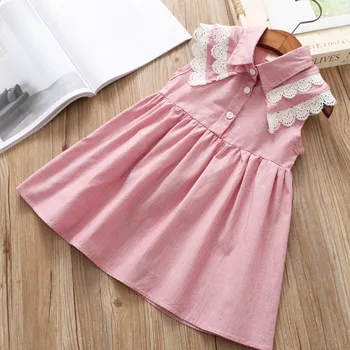 

2018 Summer Children Clothes Fashion Girls Striped Lace Dress Turn Down Collar junior Student Dresses Kids Costume Pink Blue