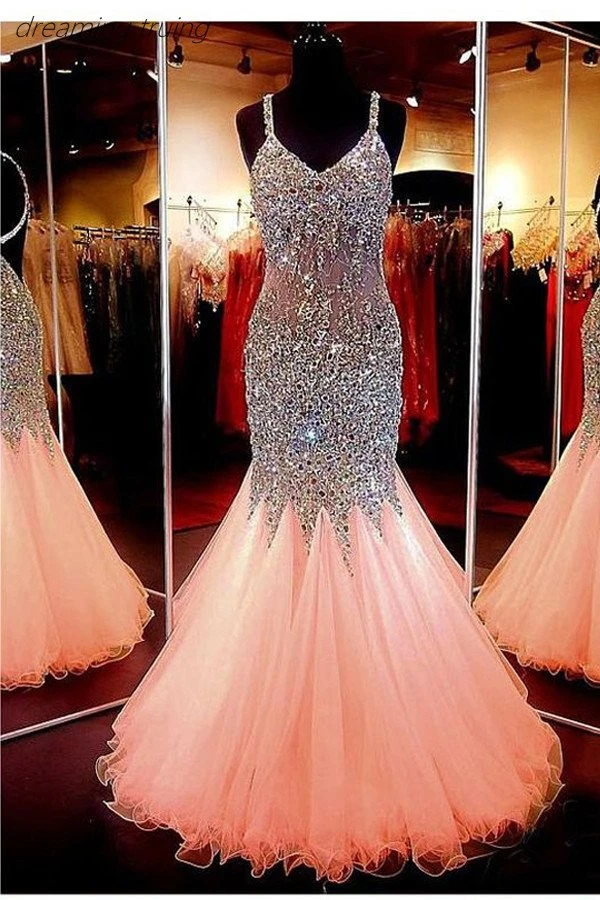 peach mermaid prom dress