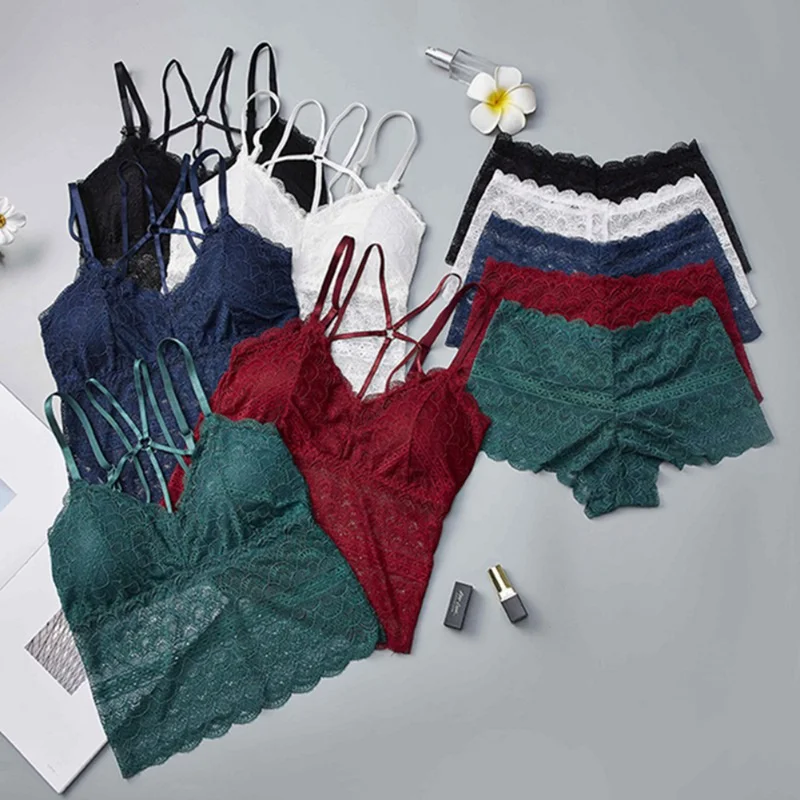 

Women Lace Bra Set Sexy Padded Long Hem Lace Bras and Hollow Out Brief Set Sexy Wire Free Lingerie Sets