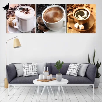 

ArtSailing 3 panel Canvas wall art Retro coffee milk cup modern painting home decoration picture for living room Poster PC-8304B