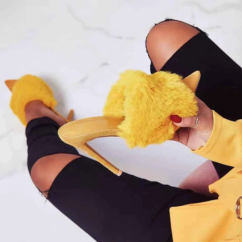 

2019 European Station Sandals Candy Color Luxury Rabbit Fur High Heel Sandals Slippers femme Evening Party Women Shoes 35-43