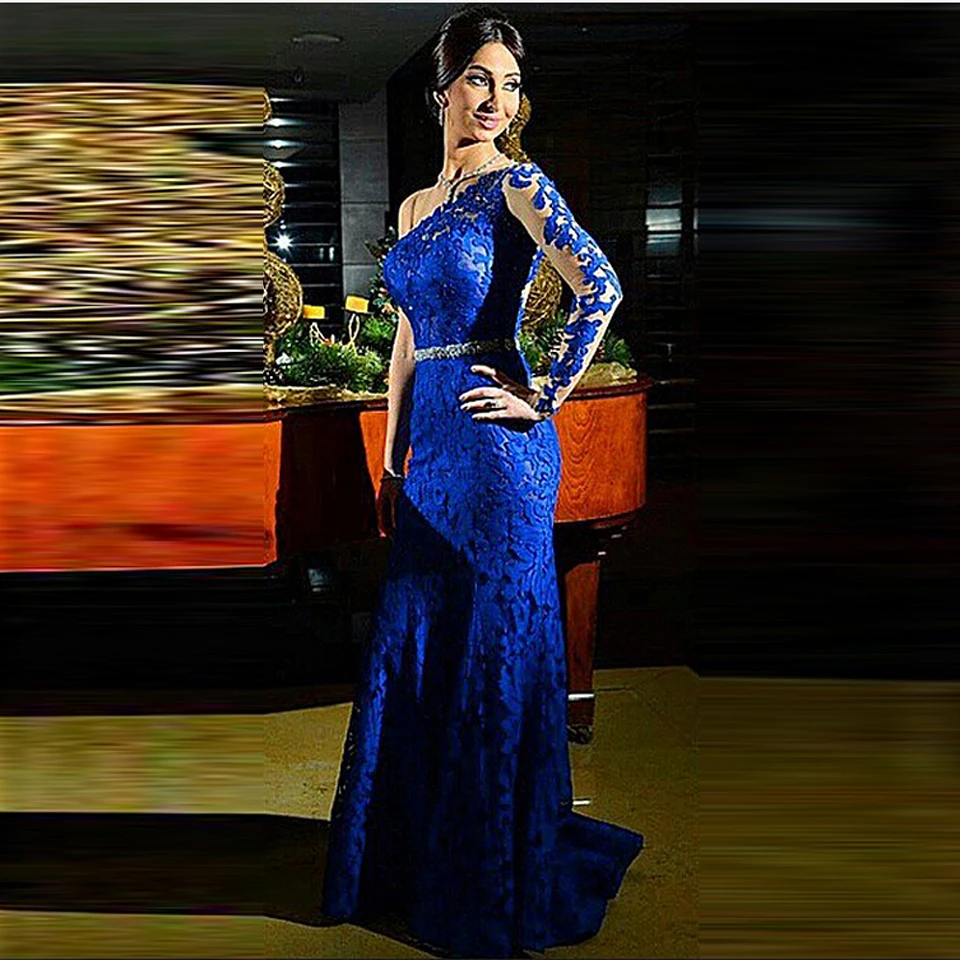 2017 New One Shoulder Appliqued Lace Evening Dress vestido de festa longo Sexy Backless Cheap Royal Blue Prom Dresses Long