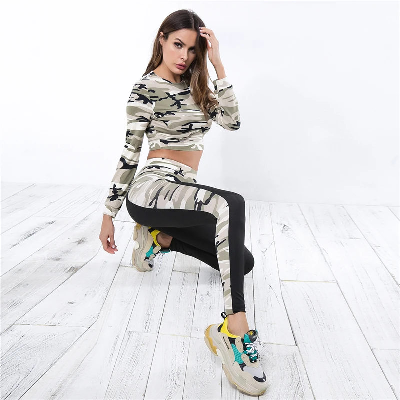 

Sports Wear for Women Gym Camouflage Crop Top Running Set Breathable Slim Fitness Clothes Gym Jogging Workout Sport Yoga Suit