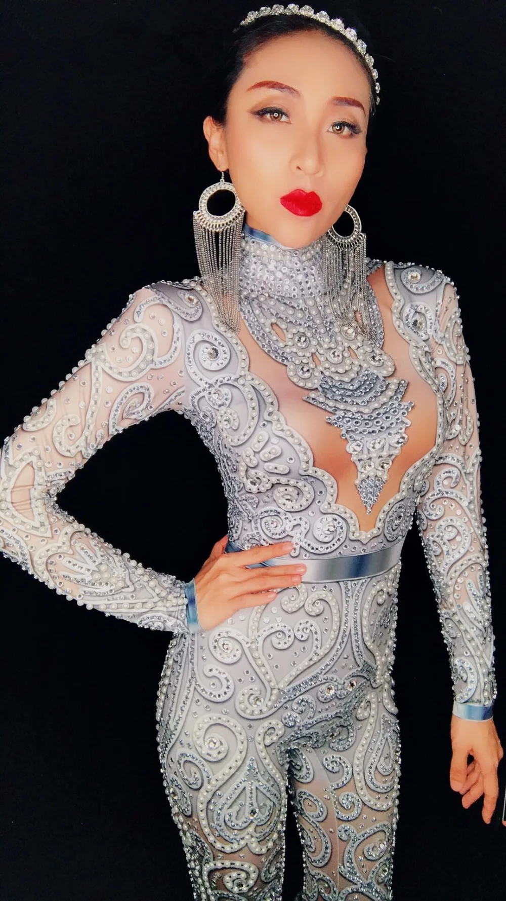 Блестящие стеклянные камни жемчуг комбинезон сексуальный обтягивающий серебристо-серый Стразы боди леди DJ бар певица Подиум вечерние сценический костюм