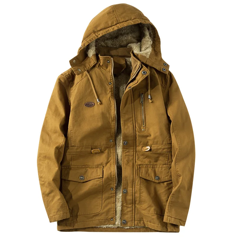 Прямая, мужская зимняя куртка и пальто, толстый бархат, теплый капюшон, Флисовая теплая верхняя одежда AXP163 - Цвет: Khaki asian size