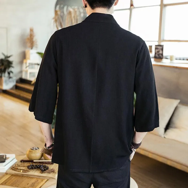 #4309 الصيف القطن الكتان كيمونو قميص الرجال خمر فضفاض زائد حجم 5XL الخامس الرقبة سترة عارضة التقليدية الصينية كيمونو الورك هوب