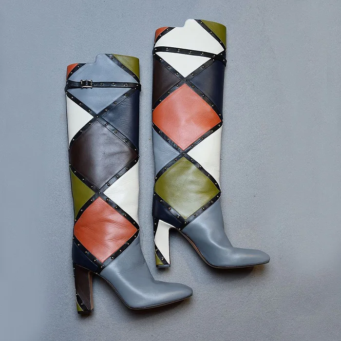 

Newest Women Boots Mix Colors Square Toe Sexy Knee-High Shoes Winter Rivets Slip-On High Heel