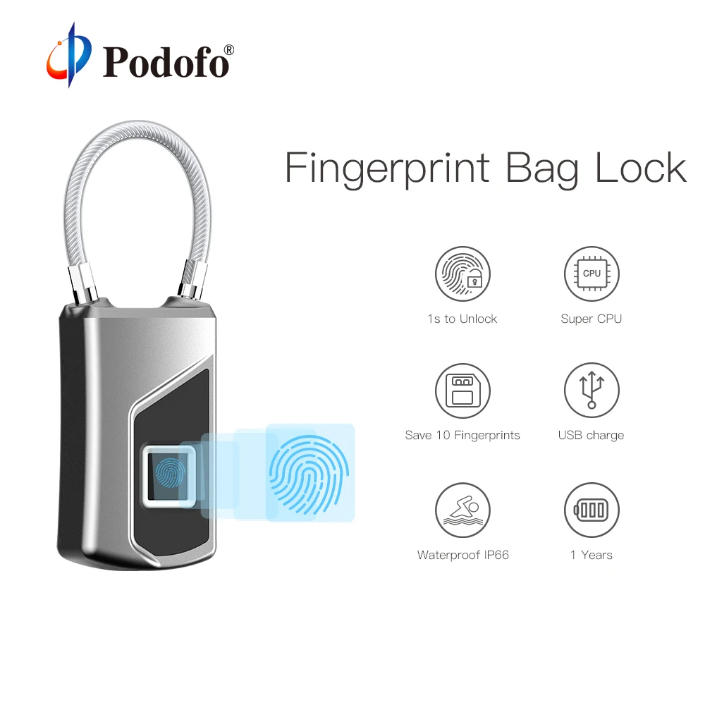 

Podofo USB Rechargeable Alloy Smart Keyless Fingerprint Lock IP65 Waterproof Anti-Theft Security Padlock Door Luggage Case Lock
