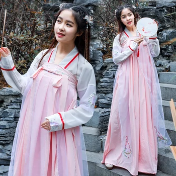 

2019 Traditional Chinese Folk Dance Clothing Women Hanfu Elegant Embroidered Pink White Tang Qing Princess Fairy Dress DL3767