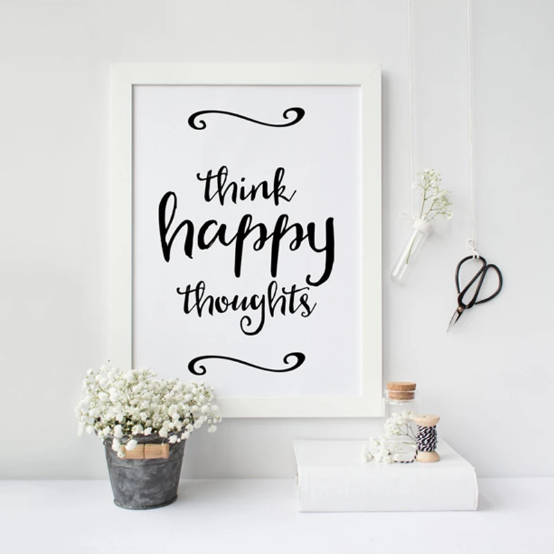 Мотивационный постер LZN Think Happy Thinking Картина на холсте черно-белая цитата
